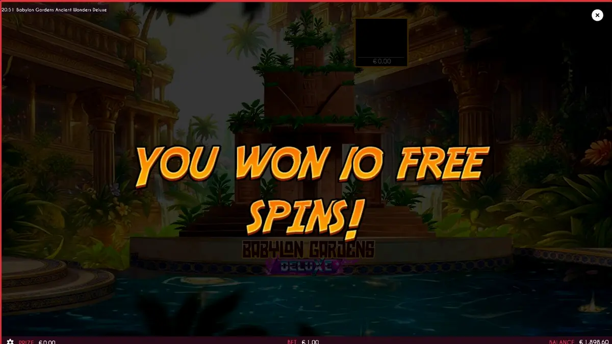 Tampilan layar permainan slot Babylon Gardens Ancient Wonders Deluxe dengan latar belakang taman gantung kuno.
