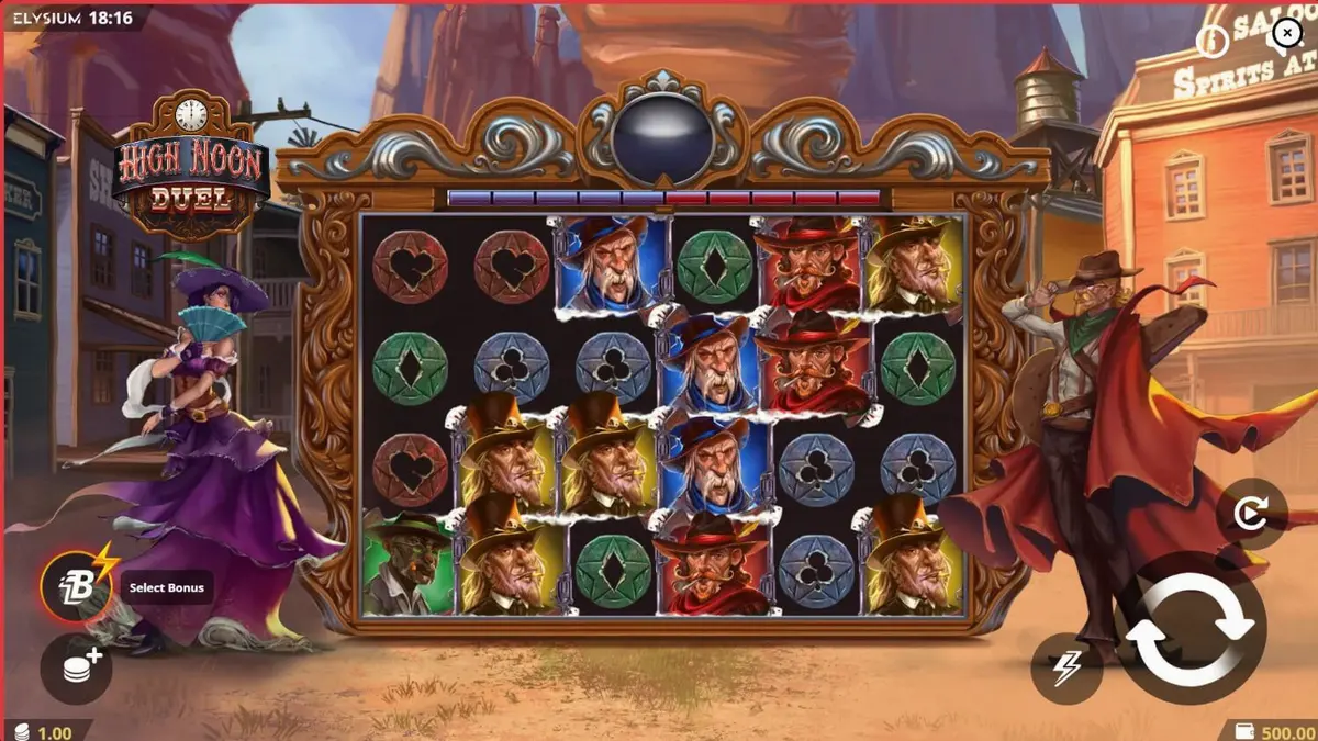 Pemandangan atmosferik dari slot High Noon Duel dengan latar belakang gurun Wild West.